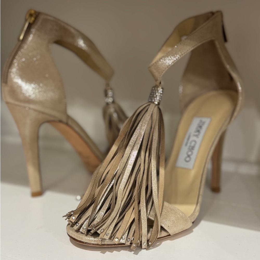 Jimmy Choo Gold Stiletto Heels with Tassel Detail